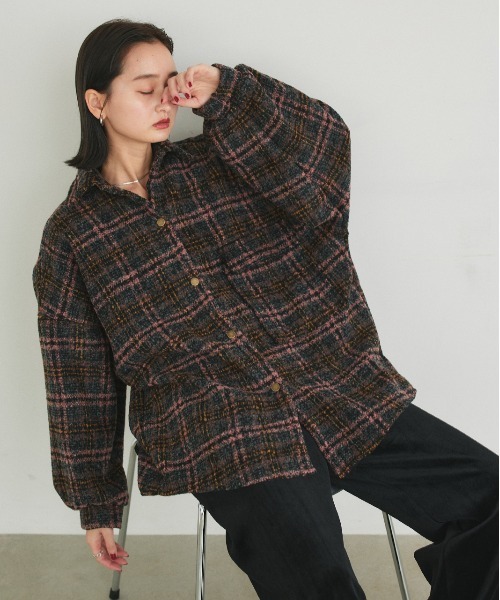 ad thie(アドティエ)の「ビッグシルエット チェックジャケット(シャツ/ブラウス・レディース・グレー/ピンク/ブラウン/ネイビー・FREE)」の13枚目の写真