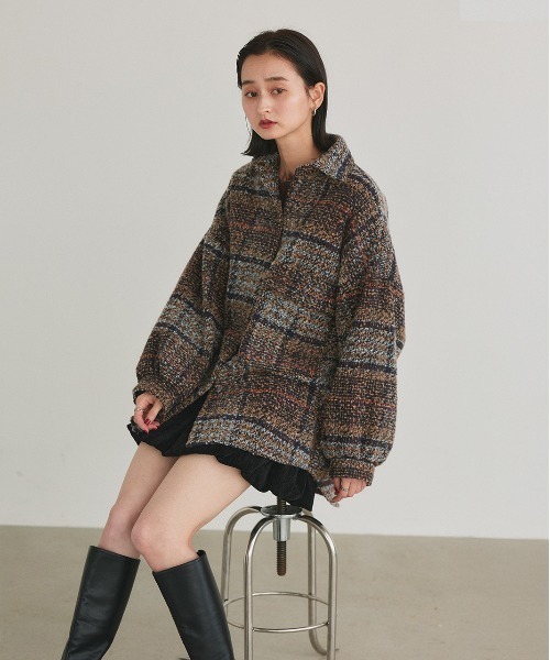 ad thie(アドティエ)の「ビッグシルエット チェックジャケット(シャツ/ブラウス・レディース・グレー/ピンク/ブラウン/ネイビー・FREE)」の7枚目の写真