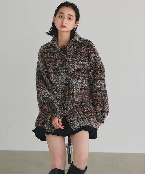 ad thie(アドティエ)の「ビッグシルエット チェックジャケット(シャツ/ブラウス・レディース・グレー/ピンク/ブラウン/ネイビー・FREE)」の5枚目の写真