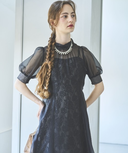 AND COUTURE(アンドクチュール)の「オーガンジー×レースドレス(ドレス・レディース・ライトグレー/ブラック/ネイビー/ベージュ・FREE)」の6枚目の写真