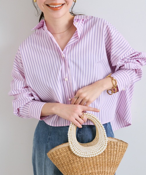 La boutique BonBon（ラブティックボンボン）の「【ベストセラー・miki監修カラーあり】ストライプクロップドシャツ（シャツ/ブラウス・レディース・ネイビー/サックスブルー/ピンク/ブルー/ブルー系その他/ブルー系その他5/ピンク系その他・FREE）」の6枚目の写真