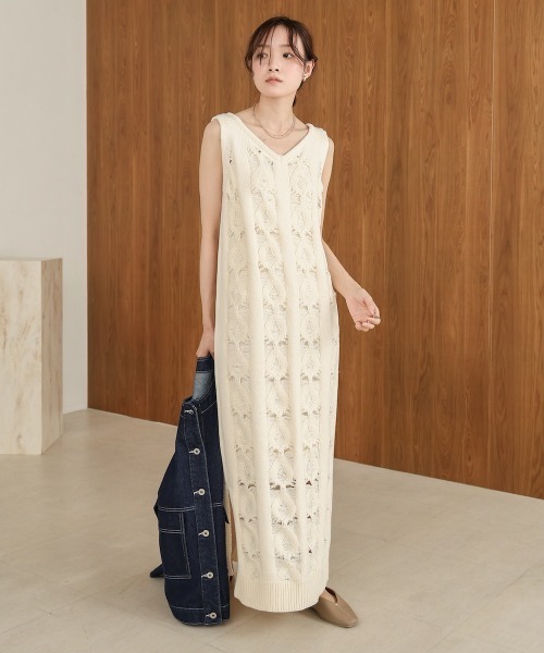 Bab(バブ)の「【選べるサイズ展開/ペチコートセット】ミックス編みニットワンピース(ワンピース・レディース・アイボリー/グレー・S/M)」の4枚目の写真