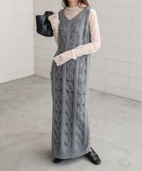 Bab(バブ)の「【選べるサイズ展開/ペチコートセット】ミックス編みニットワンピース(ワンピース・レディース・アイボリー/グレー・S/M)」の13枚目の写真