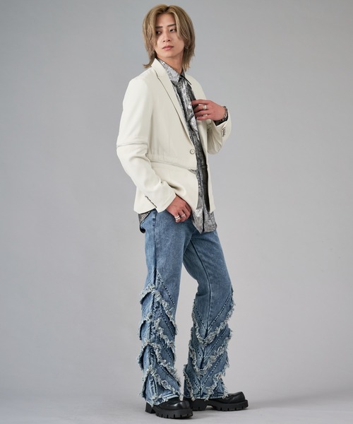 REGIEVO(レジエボ)の「フリンジフレアデニムパンツ(デニムパンツ・メンズ・ブラック/インディゴブルー・LARGE/MEDIUM)」の10枚目の写真