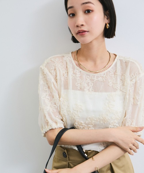tシャツ コード刺繍キリカエ2wayプルオーバー レディース sakishimatokyo tシャツ フラワー柄 コード刺繍 シアートップス