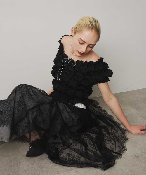 日本未入荷 WOOHA★オフショルダープリントストリングトップス XU】one shoulder punk tops / 【エックスユー】ワンショルダー