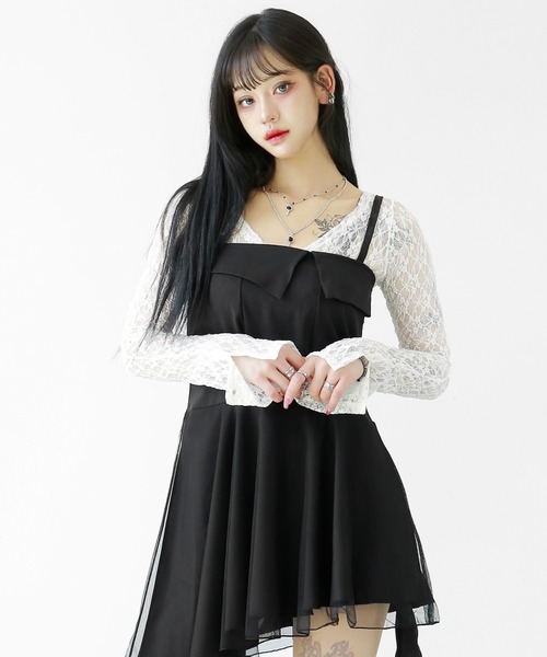 minsobi(ミンソビ)の「シースルーレイヤードキャミワンピ(ワンピース・レディース・ブラック・FREE)」の1枚目の写真