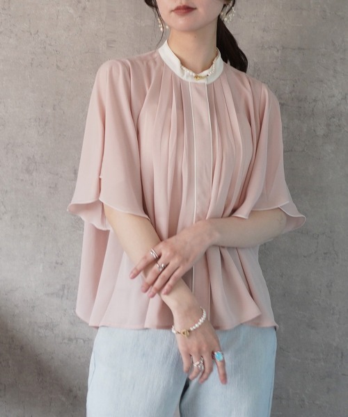 SELECT LEVERY(セレクトリベリー)の「配色バンドカラーシフォンブラウス(シャツ/ブラウス・レディース・ピンクベージュ/オフホワイト/ネイビー/ライトベージュ・MEDIUM)」の4枚目の写真