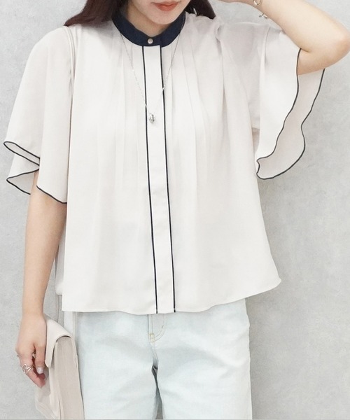 SELECT LEVERY(セレクトリベリー)の「配色バンドカラーシフォンブラウス(シャツ/ブラウス・レディース・ピンクベージュ/オフホワイト/ネイビー/ライトベージュ・MEDIUM)」の1枚目の写真