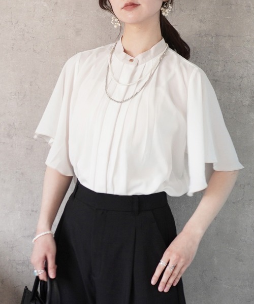 SELECT LEVERY(セレクトリベリー)の「配色バンドカラーシフォンブラウス(シャツ/ブラウス・レディース・ピンクベージュ/オフホワイト/ネイビー/ライトベージュ・MEDIUM)」の6枚目の写真