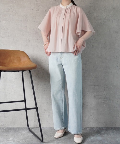 SELECT LEVERY(セレクトリベリー)の「配色バンドカラーシフォンブラウス(シャツ/ブラウス・レディース・ピンクベージュ/オフホワイト/ネイビー/ライトベージュ・MEDIUM)」の12枚目の写真