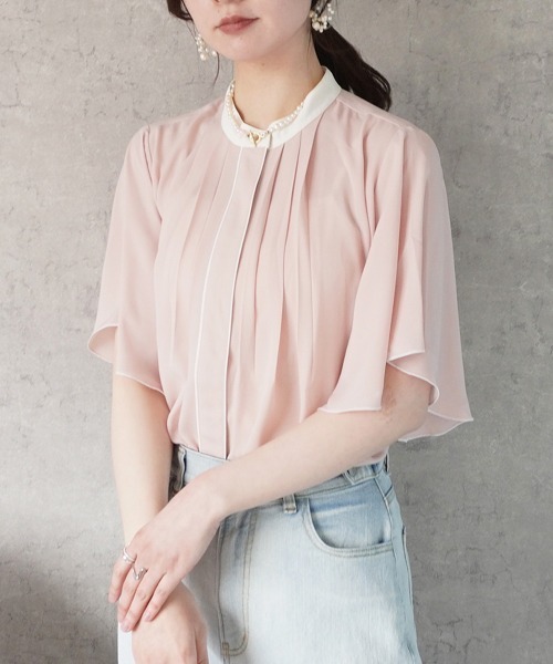 SELECT LEVERY(セレクトリベリー)の「配色バンドカラーシフォンブラウス(シャツ/ブラウス・レディース・ピンクベージュ/オフホワイト/ネイビー/ライトベージュ・MEDIUM)」の21枚目の写真