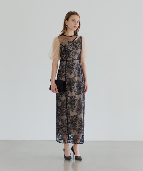 【LEJA】アシンメトリーシアーフラワードレスワンピース美脚効果結婚式 ドレス LEJA】アシンメトリーシアーフラワードレスワンピース美脚効果