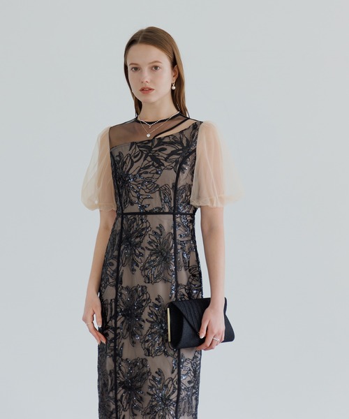 LEJA アシンメトリーシアーフラワードレスワンピース美脚効果結婚式 ドレス セール】【LEJA】アシンメトリーシアーフラワードレスワンピース