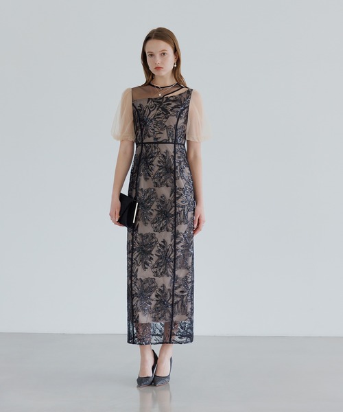 【LEJA】アシンメトリーシアーフラワードレスワンピース美脚効果結婚式 ドレス LEJA】アシンメトリーシアーフラワードレスワンピース美脚効果