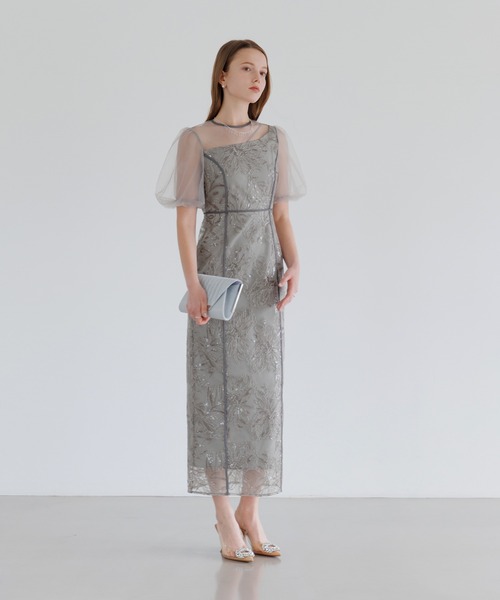 LEJA】アシンメトリーシアーフラワードレスワンピース美脚効果