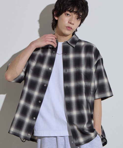 オンブレ　シャツ WACKO MARIA/OMBRE CHECK OPEN COLLAR SHIRT（RED）［オンブレ