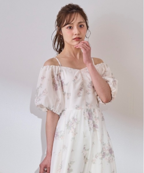 【韓国ファッション】ワンピース オフショルジャケット 花 花柄シアーワンピース 韓国ファッション 夏服[品番：SHNW0009407