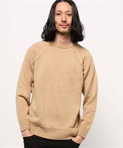 SEVENDAYS=SUNDAY(セブンデイズサンデイ)の「ケーブル切替 長袖ラグランプルオーバー(ニット/セーター・メンズ・ベージュ/ネイビー/オフホワイト/ワインレッド・MEDIUM/SMALL/LARGE)」の2枚目の写真