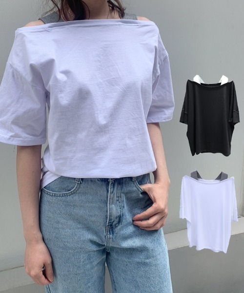 ハンドメイド・袖肩落ちカットソー セール】夏服 Tシャツ 肩あき トップス 半袖 オフショルダー