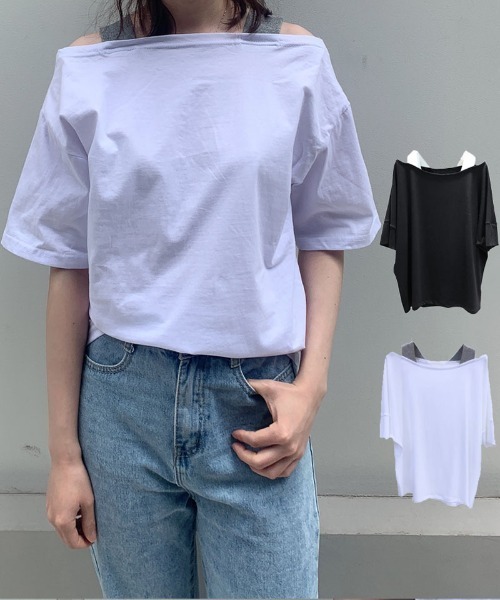 tシャツ 「ZOZO限定」ショルダー リボン トップス 半袖 カットソー スカーフ アシンメトリーデザイン オフショルダー レディース ZOZO限定】アシンメトリー オフショルダー 半袖トップス（T