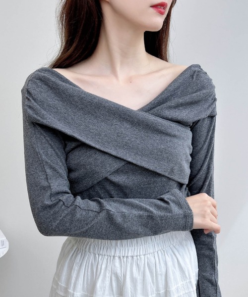 INGNI(イング)の「カシュクールトップス(Tシャツ/カットソー・レディース・ブラック/チャコールグレー/ピンク/オフホワイト・M)」の1枚目の写真