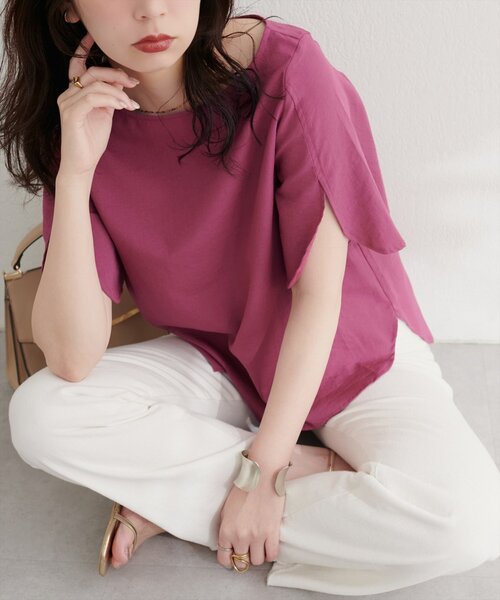 natural couture（ナチュラルクチュール）の「【WEB限定】ハチワレスリーブ麻調ブラウス（シャツ/ブラウス・レディース・マスタード/ピンク/ブラウン/サックスブルー/ブラック/オフホワイト・FREE）」の6枚目の写真