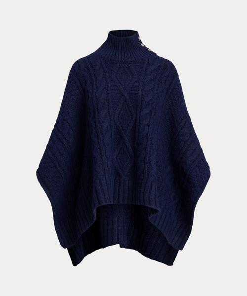 LAUREN RALPH LAUREN(ローレン ラルフ ローレン)の「ボタントリム ケーブルニット モックネック ポンチョ(ポンチョ・レディース・ネイビー系1・ONE)」の7枚目の写真