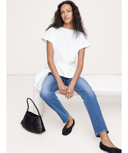 Banana Republic（バナナリパブリック）の「コットンポプリン ボートネック アシンメトリー トップス（シャツ/ブラウス・レディース・ホワイト/ホワイト×ネイビー・XS/S/M/L）」の6枚目の写真