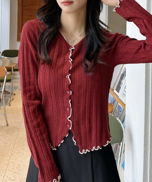 Ada.(エイダ)の「配色 メロウフリル カーディガン(カーディガン/ボレロ・レディース・グレー/ネイビー/ホワイト/レッド・FREE)」の4枚目の写真