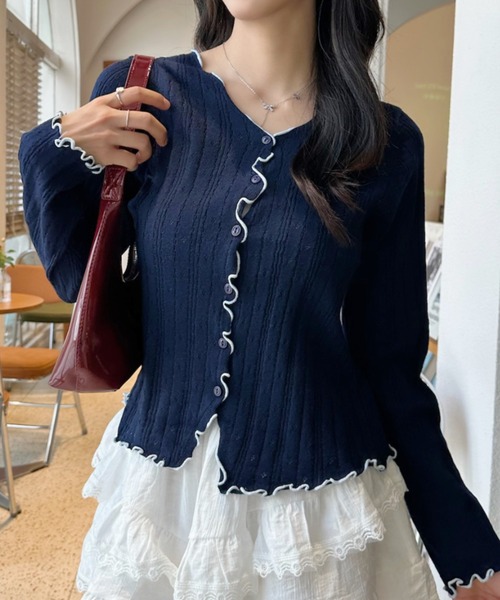 Ada.(エイダ)の「配色 メロウフリル カーディガン(カーディガン/ボレロ・レディース・グレー/ネイビー/ホワイト/レッド・FREE)」の11枚目の写真