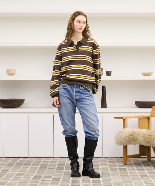 セール】Multi Stripe jacquard Knit polo/マルチストライプジャガード