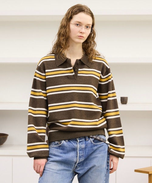 セール】Multi Stripe jacquard Knit polo/マルチストライプジャガード