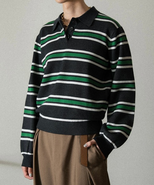 soerte（ソエルテ）の「Multi Stripe jacquard Knit polo/マルチストライプジャガードニットポロ（ポロシャツ・メンズ・レッド/ブラウン/ブラック・1/3/2）」の8枚目の写真