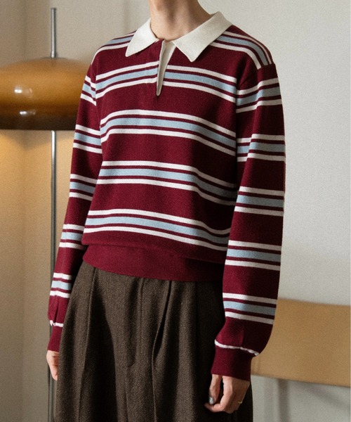 soerte（ソエルテ）の「Multi Stripe jacquard Knit polo/マルチストライプジャガードニットポロ（ポロシャツ・メンズ・レッド/ブラウン/ブラック・1/3/2）」の4枚目の写真