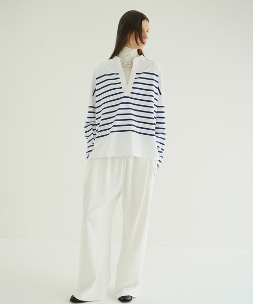 CLANE（クラネ）の「WIDE HENRY NECK BORDER TOPS（Tシャツ/カットソー・レディース・ブラウン/ホワイト・1/2）」の6枚目の写真