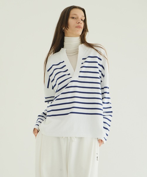 CLANE（クラネ）の「WIDE HENRY NECK BORDER TOPS（Tシャツ/カットソー・レディース・ブラウン/ホワイト・1/2）」の5枚目の写真