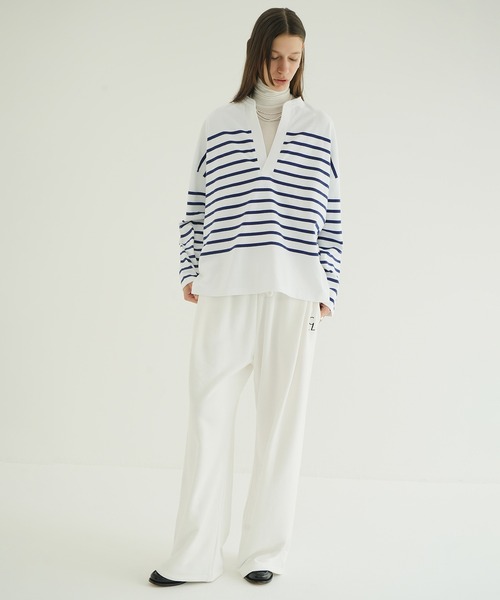 CLANE（クラネ）の「WIDE HENRY NECK BORDER TOPS（Tシャツ/カットソー・レディース・ブラウン/ホワイト・1/2）」の7枚目の写真