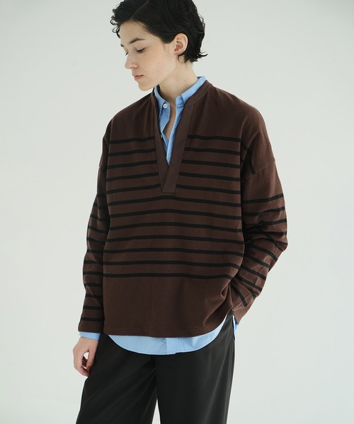 CLANE（クラネ）の「WIDE HENRY NECK BORDER TOPS（Tシャツ/カットソー・レディース・ブラウン/ホワイト・1/2）」の10枚目の写真