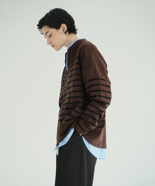 CLANE（クラネ）の「WIDE HENRY NECK BORDER TOPS（Tシャツ/カットソー・レディース・ブラウン/ホワイト・1/2）」の11枚目の写真