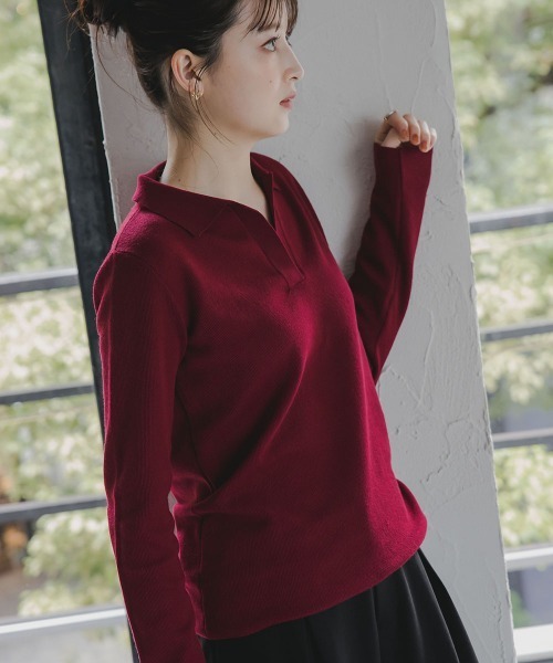 セール】高身長 スキッパーポロニット（トールサイズ）Essenave