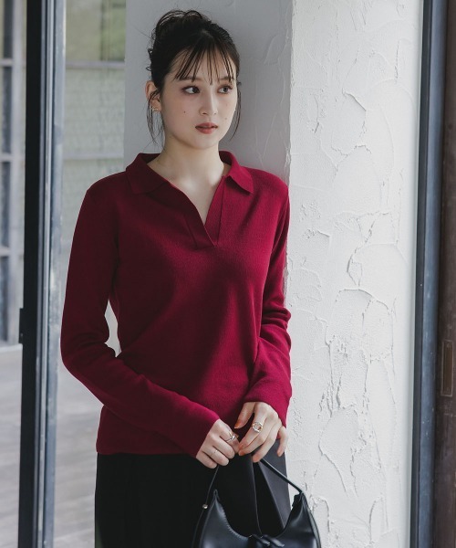slattgir（スラットジール）の「高身長　スキッパーポロニット（トールサイズ）Essenave（ニット/セーター・レディース・ボルドー/チャコールグレー・TM/TL/TLL/T3L）」の8枚目の写真