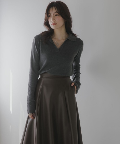 slattgir（スラットジール）の「高身長　スキッパーポロニット（トールサイズ）Essenave（ニット/セーター・レディース・ボルドー/チャコールグレー・TM/TL/TLL/T3L）」の13枚目の写真