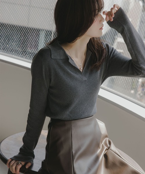 slattgir（スラットジール）の「高身長　スキッパーポロニット（トールサイズ）Essenave（ニット/セーター・レディース・ボルドー/チャコールグレー・TM/TL/TLL/T3L）」の16枚目の写真