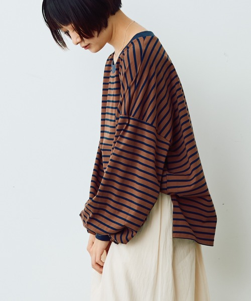 Crisp(クリスプ)の「ボリュームボーダーTシャツ(Tシャツ/カットソー・レディース・ピンク/ブラウン・FREE)」の1枚目の写真