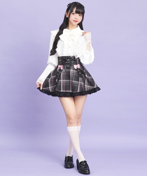 Secret Honey（シークレットハニー）の「リボンタブレースアップスカパン（スカート・レディース・ピンク/ワインレッド・MEDIUM）」の3枚目の写真