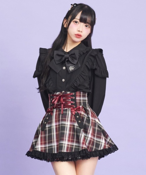 Secret Honey（シークレットハニー）の「リボンタブレースアップスカパン（スカート・レディース・ピンク/ワインレッド・MEDIUM）」の6枚目の写真