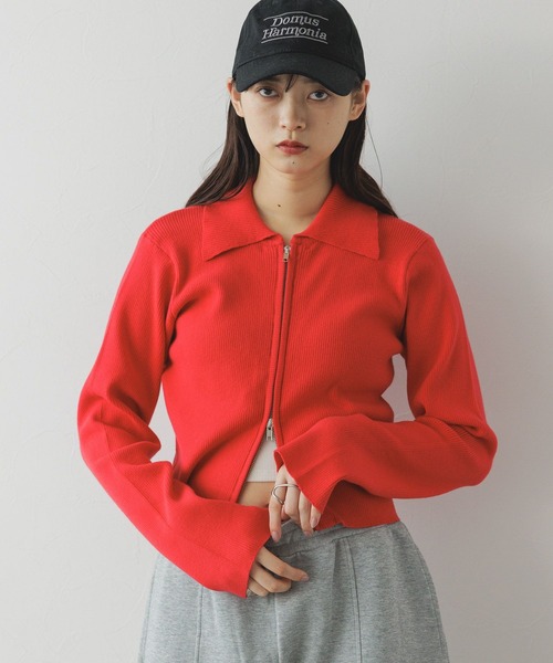 RAGEBLUE（レイジブルー）の「Wジップコンパクトリブニット（ニット/セーター・レディース・ダークブラウン/レッド・FREE）」の6枚目の写真