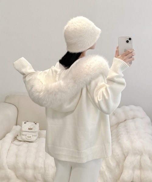 yori ヨリ ウール ニット パーカー フーディー 白 ホワイト ボリューム袖 セール】ファーフードダブルジップカーディガン/フーディーニット