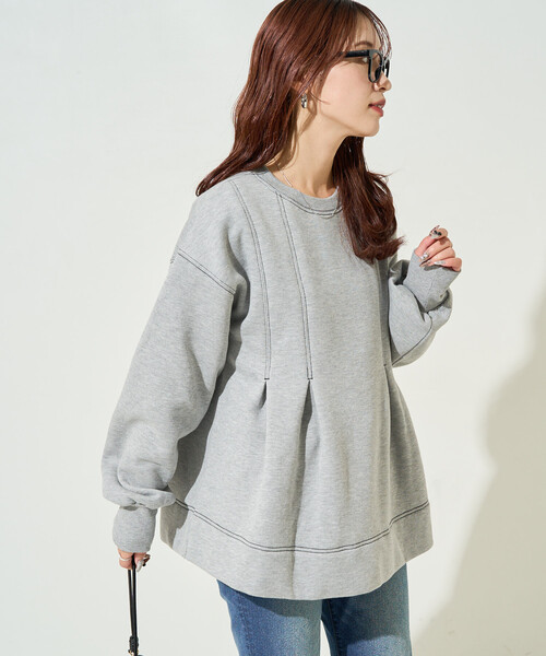 限定展開 配色 ステッチ タック Aライン 裏起毛 チュニック